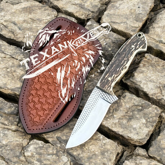 Fixed Blade Cowboy Knife – 8" Tool Steel Blade with Stag Horn Handle & Western Leather Sheath

