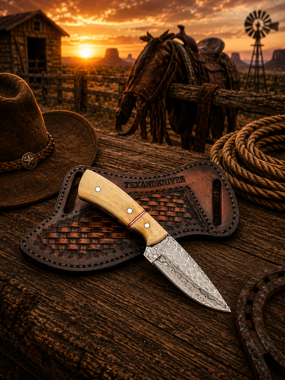 Damascus Steel Belt Knife - 8.5" Fixed Blade with Camel Bone Handle & Leather Sheath