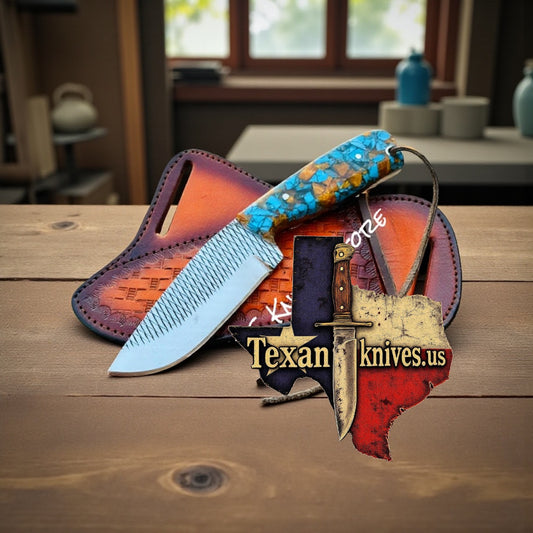 Hunting Knife – 3.7" Rasp Steel Blade with Turquoise & Resin Handle