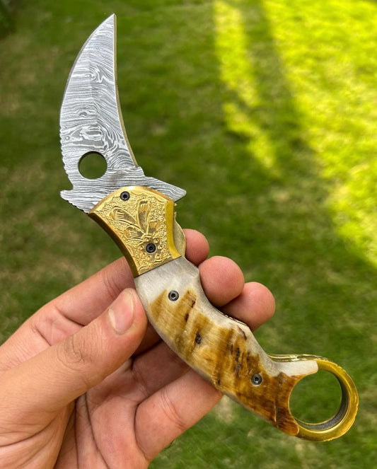 Custom Handmade Damascus Folding Pocket Knife With Karambit Design