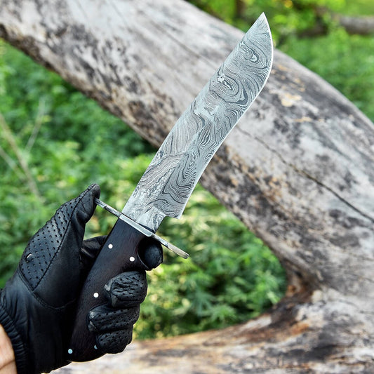 American-Made 13" Damascus Steel Bowie Knife with Rosewood Handle and Leather Sheath.