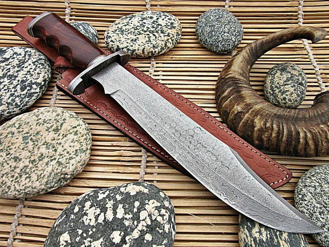 Antique 17" Damascus Steel Bowie Knife – Perfect Gift Item with Rosewood Handle.