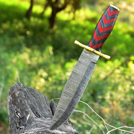 Antique Damascus Steel Bowie Knife with Brass Guard and Pakka Wood Handle.