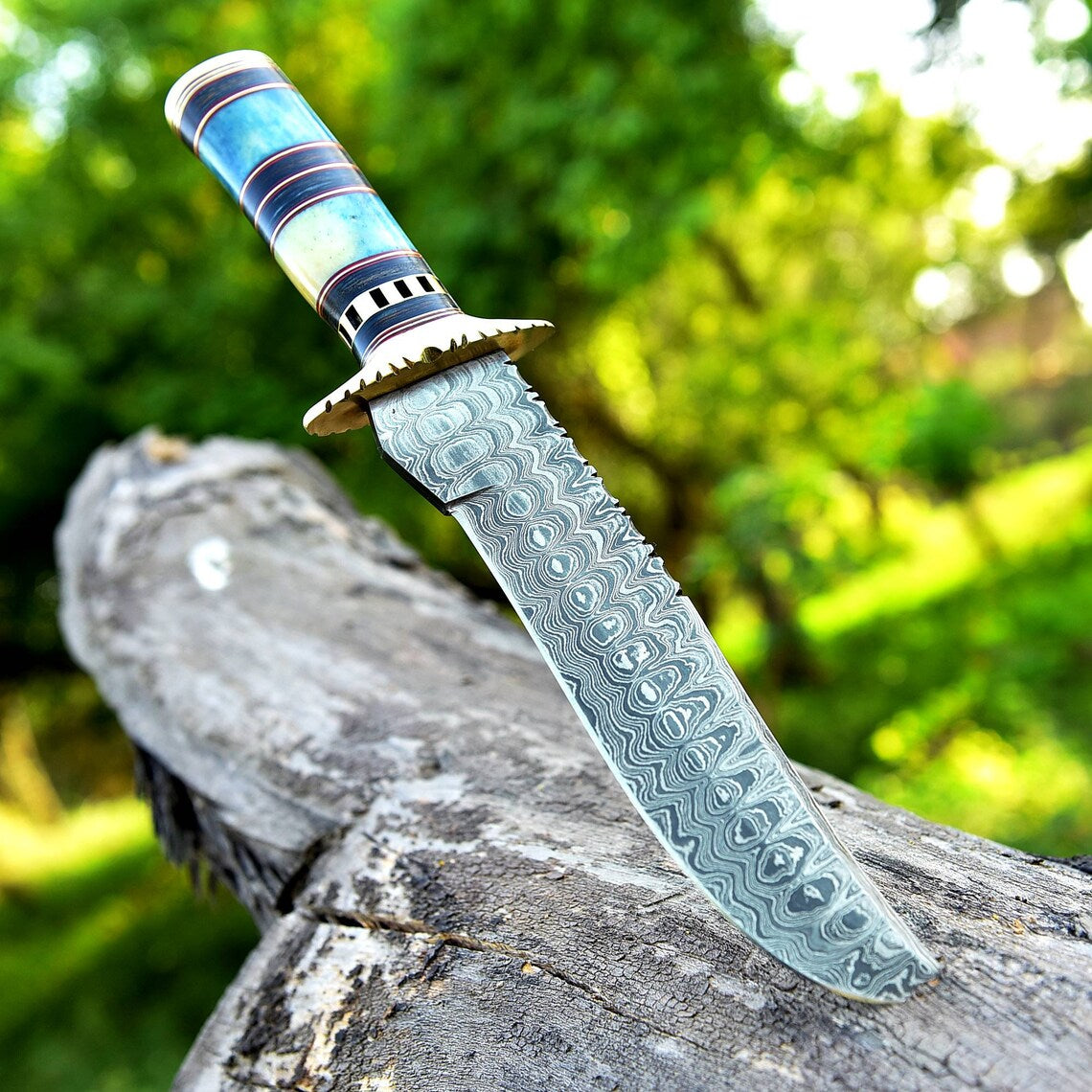 Antique Damascus Steel Bowie Knife with Color Bone & Pakkawood Handle.