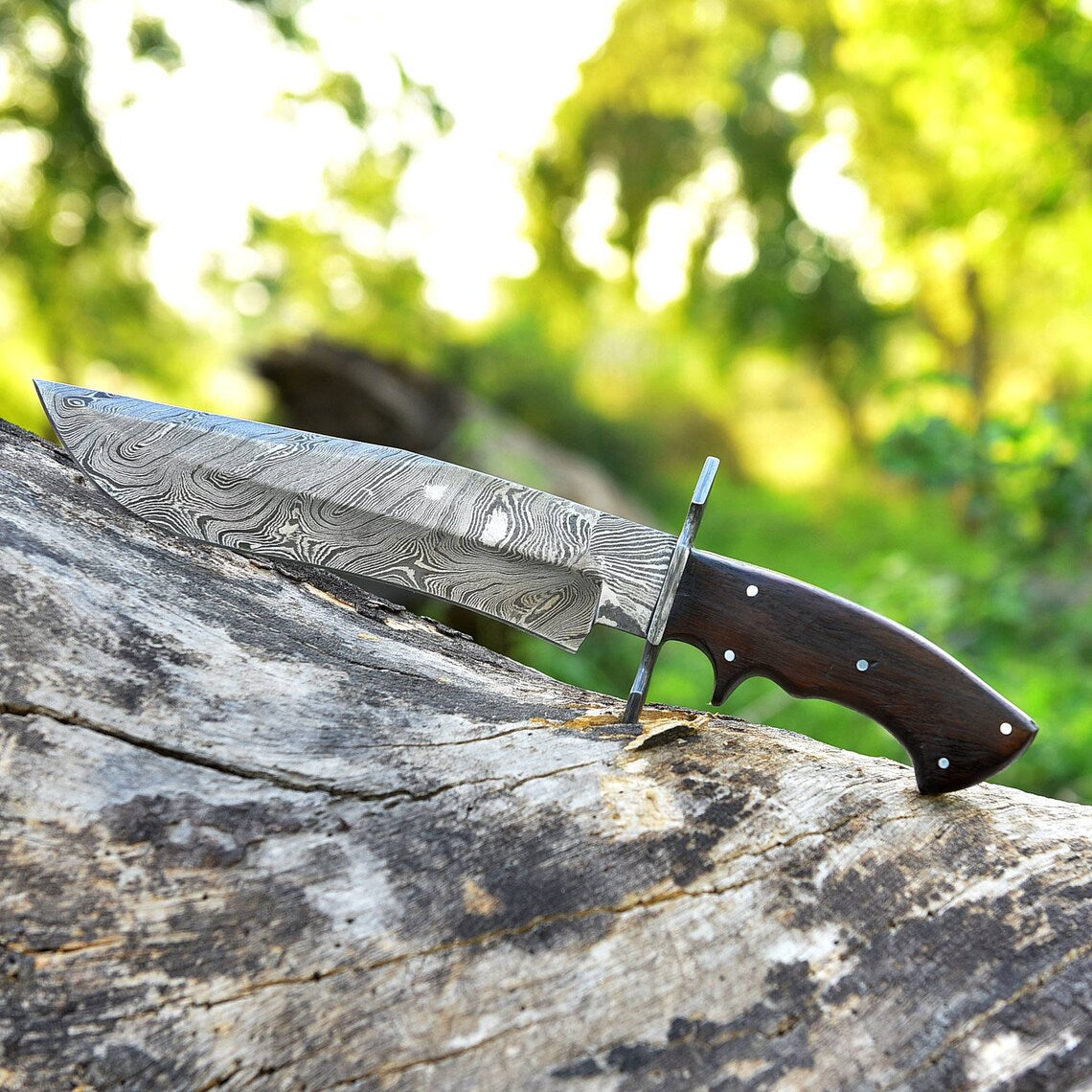 Antique Damascus Steel Bowie Knife with Damascus Guard and Rosewood Handle.