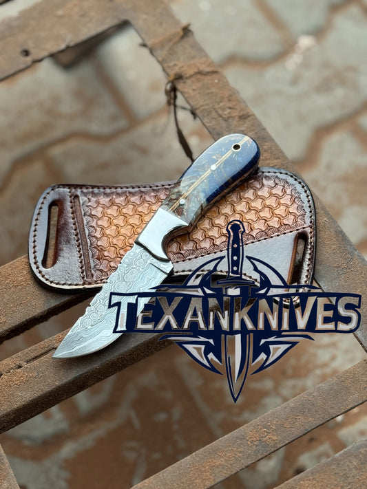 Back Sheath Knife – 9" Damascus Steel Blade with Blue Pine Cone Resin Handle and Western Leather Sheath

