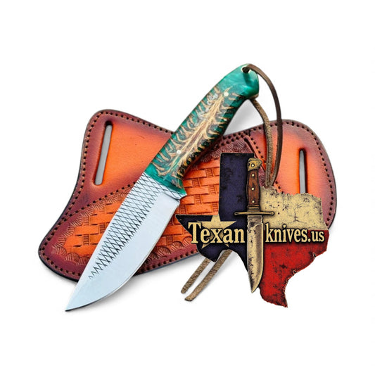 Handcrafted Western Knife and Sheath – 8" Rasp Steel Blade with Green Epoxy Resin Handle