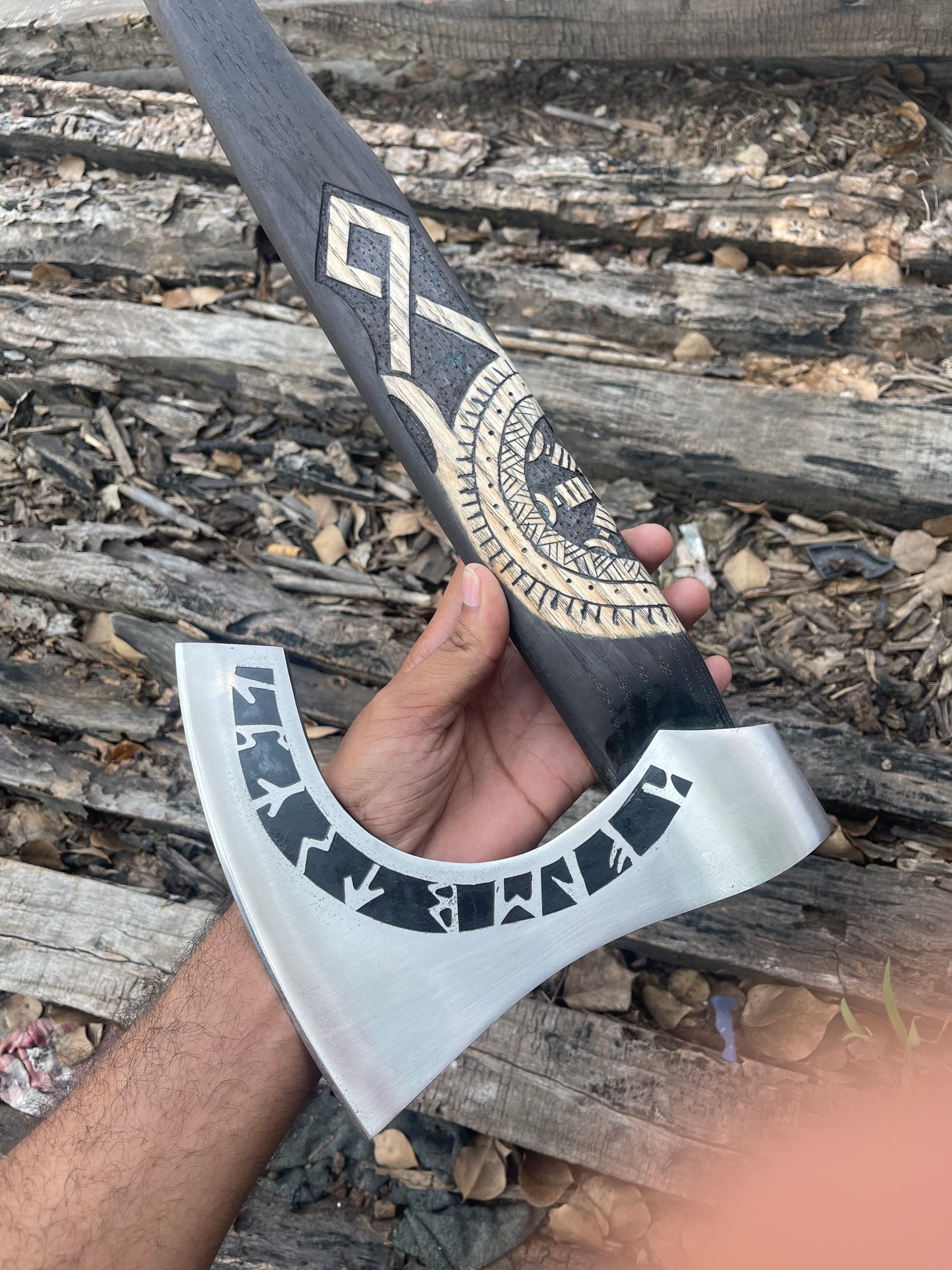 Norse Axe – 20” Hand-Forged High Carbon Steel Blade with Engraved Wooden Handle & Leather Sheath