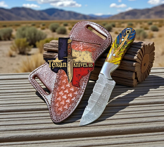 Rancher’s Belt Knife – Damascus EDC with Pine Cone Resin Handle