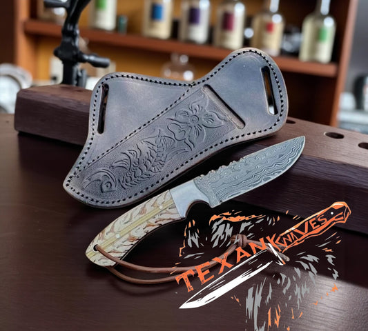 Custom Handmade 9" Cowboy Knife with Damascus Steel Blade and Epoxy Pine Cone Resin Handle – Leather Sheath Included