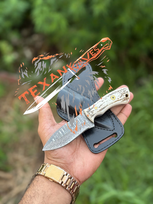 Cowboy Knife with Belt – 6.5" Rasp Tool Steel Blade, Antler Horn Handle & Leather Sheath

