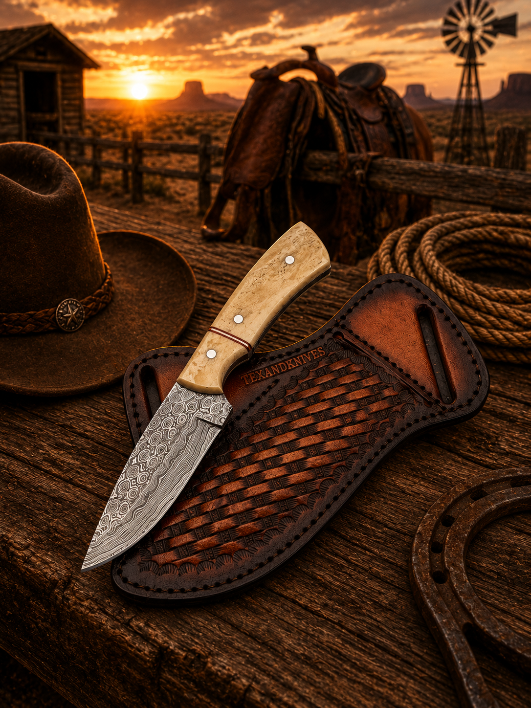 Damascus Steel Belt Knife - 8.5" Fixed Blade with Camel Bone Handle & Leather Sheath