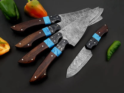 Hand Forged Damascus Steel 5-Piece Chef Knife Set