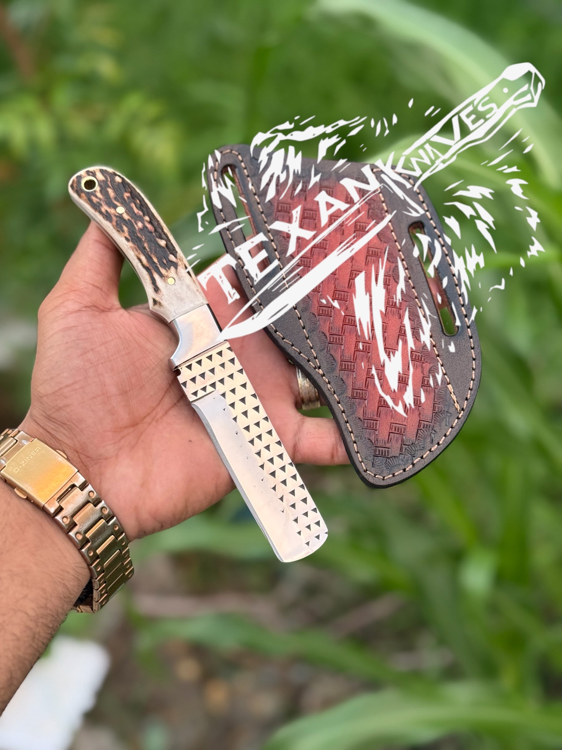 Rasp Knife – 8" Hand-Forged Rasp Tool Steel Blade with Antler Horn Handle & Leather Sheath

