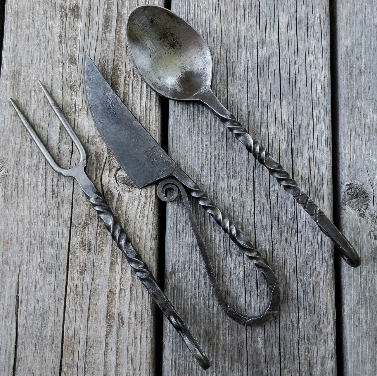 Fireside Feast 3PC Iron Silverware Set - Medieval Inspired Natural Iron Fork, Spoon, and Knife Cutlery Set for Camping & Reenactment