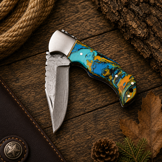 Best Folding Hunting Knife with 6-inch Damascus steel blade, epoxy resin handle, and leather sheath