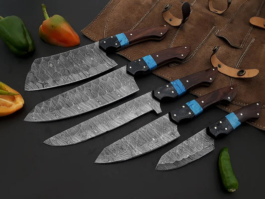 Best chef knives sets with 8-inch handmade Damascus steel blade, Wenge resin handle and leather sheath