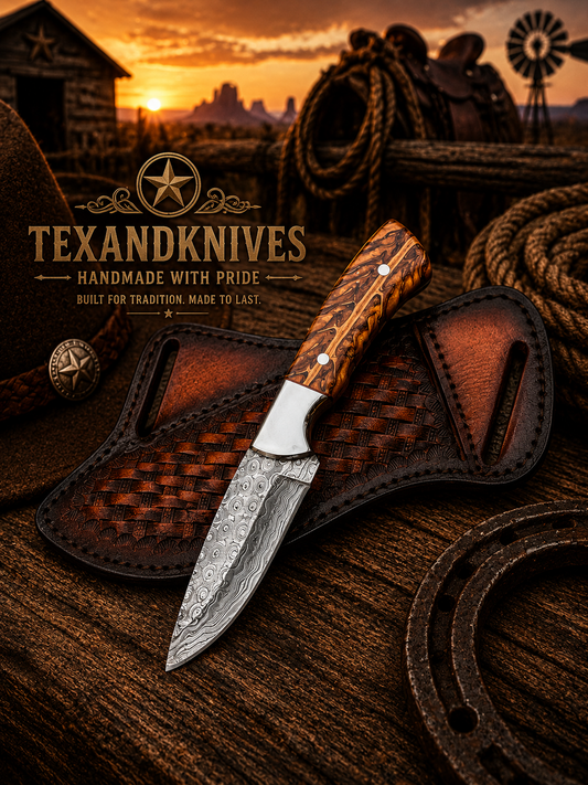 Best cowboy knife with Damascus steel blade, pine cone handle, steel bolster, and leather sheath