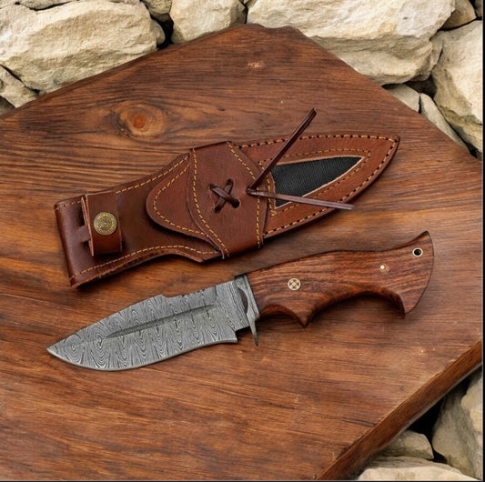 "Bobcat Knife with Damascus steel blade, rosewood handle, and leather case – 9-inch outdoor knife for camping and hunting."

