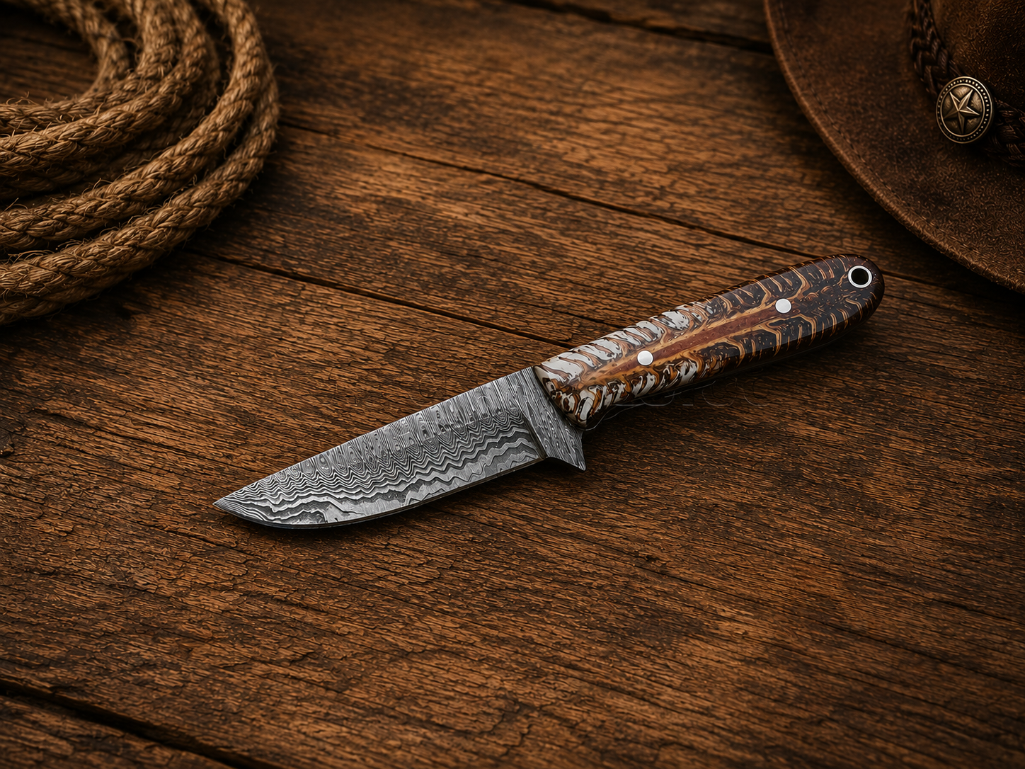 Buckaroo Waist Knife with 7-inch retrial Damascus steel blade, pine cone handle, and leather sheath
