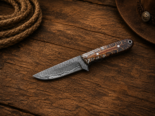 Buckaroo Waist Knife with 7-inch retrial Damascus steel blade, pine cone handle, and leather sheath