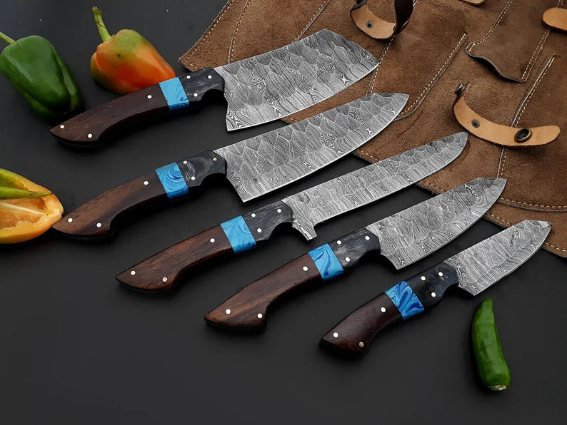 Hand Forged Damascus Steel 5-Piece Chef Knife Set