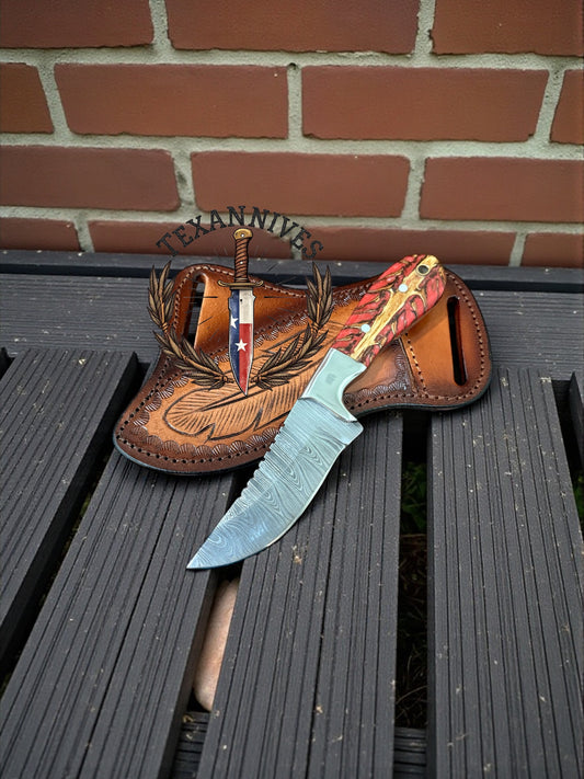 Premium Custom Handmade Cowboy Knife – Damascus Steel Blade with Pine Cone Handle & Leather Sheath