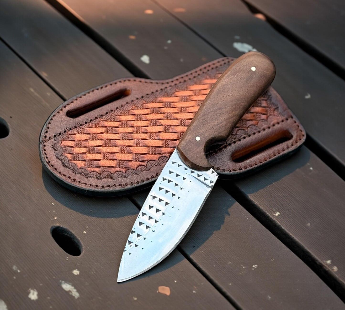 Western Brand Knife – 8” Handmade Rasp Tool Steel Knife with Rosewood Handle & Leather Sheath