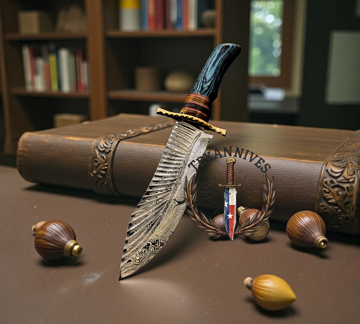 Custom Handmade Damascus Jim Bowie Knife – 13" Full Tang with Pakkawood Handle, Brass Guard & Leather Sheath