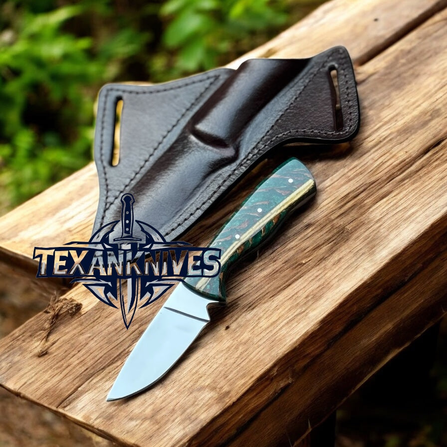 Ranchers Knife – 8" D2 Steel Blade with Green Pine Cone Resin Handle and Western Leather Sheath

