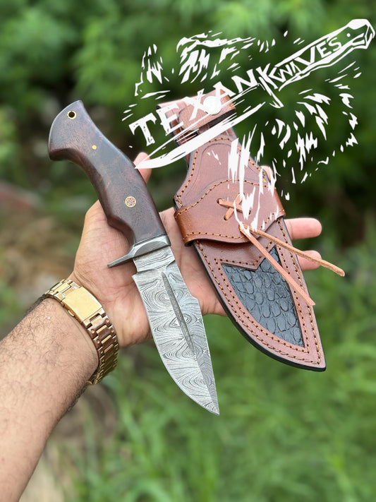 Good Hunting Knife – 10" Damascus Steel Blade with Steel Guard & Leather Sheath

