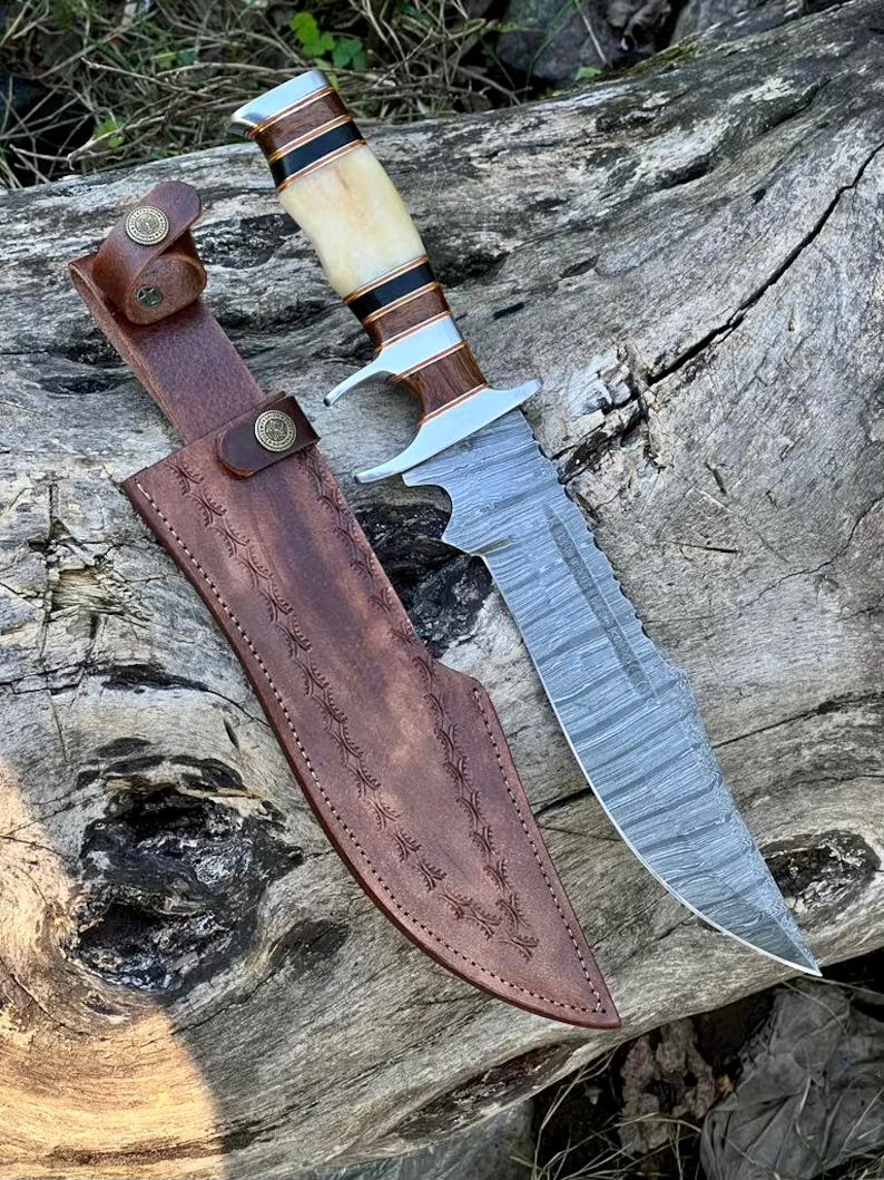 Damascus Steel Sub-Hilt Fighter Bowie Knife 14” – Premium Christmas Gift with Leather Sheath


