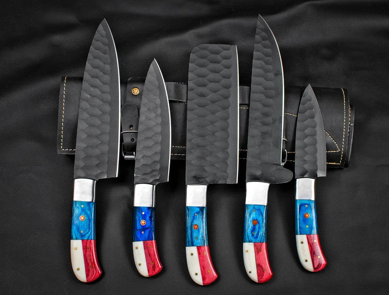 5 Pcs Custom Kitchen Knives Set – Forged Stainless Steel Blades with Texas Flag Handles & Leather Sheath

