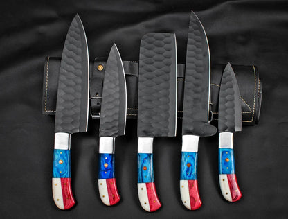5 Pcs Custom Kitchen Knives Set – Forged Stainless Steel Blades with Texas Flag Handles & Leather Sheath

