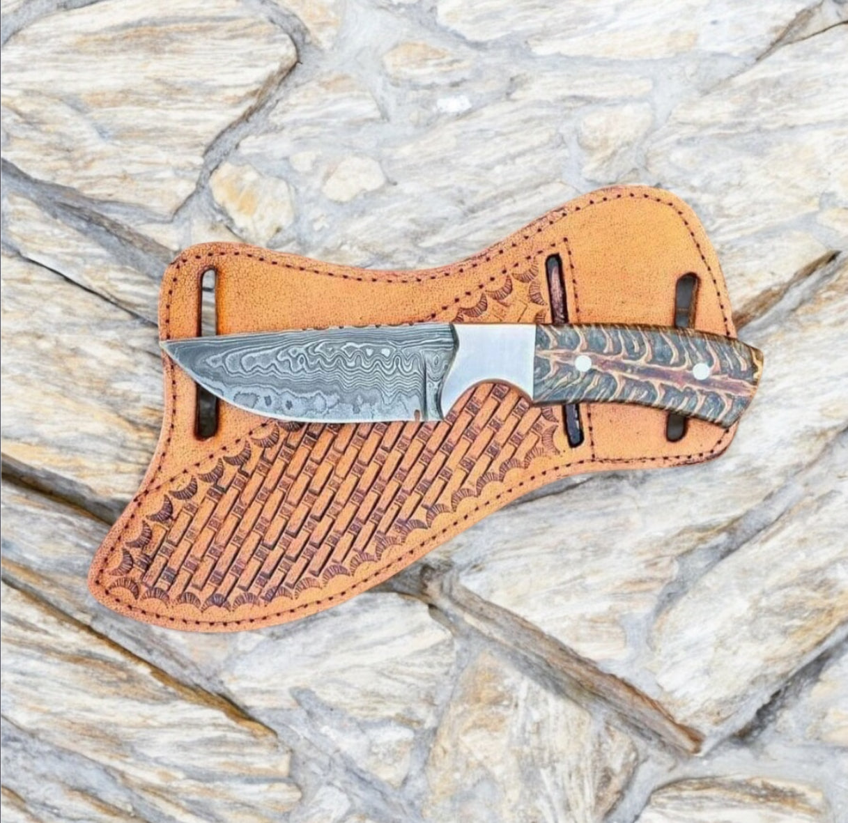 Scott Reed Cowboy Switchblade – 9" Damascus Steel Blade with Pine Cone Epoxy Resin Handle, Steel Bolster & Western Leather Sheath


