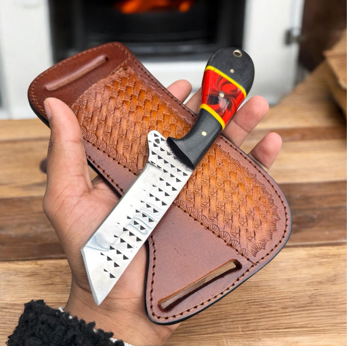 Premium Cowboy Bull Cutter Knife – 8" Rasp Tool Steel Tanto Blade with Resin/G10 Handle & Ranch Pancake Sheath
