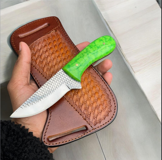 Cowboy Knife Sheath – 8" Rasp Tool Steel Blade with Parrot Resin Handle & Pancake Leather Sheath


