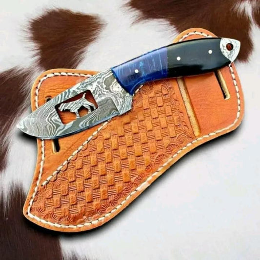 Cowboy bull cutter knives, custom handmade Damascus knives, leather sheath knives, gift item