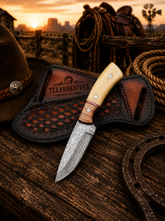 Cowboy everyday carry Damascus knife with olive wood and rosewood handle and leather sheath