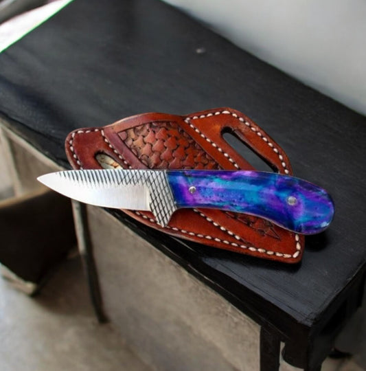 ✅ "Crass Draw Ranch Cowboy Knife with Rasp Tool Blade and Resin Handle"

