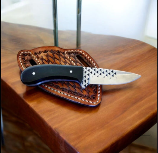 "Crass Draw Ranch Cowboy Knife with rasp tool blade and resin handle, displayed with leather belt loop case."

