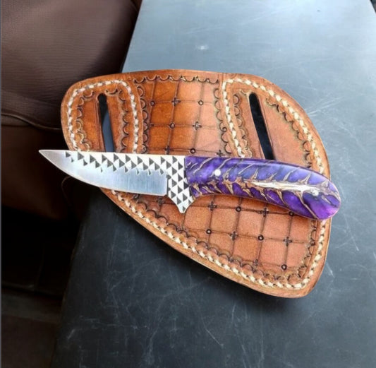 Crass Draw Ranch Cowboy Knife with rasp tool blade, pine cone handle, and leather belt loop case - rustic outdoor knife for adventurers