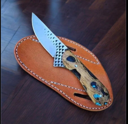 Crass Draw Ranch Cowboy Knife with rasp tool blade, resin and rosewood handle, and leather belt loop case - rugged and handcrafted for outdoor and ranch use