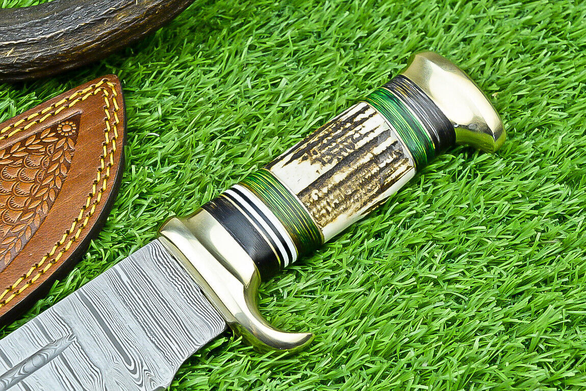 Deluxe Dundee Knife – 16" Handmade Damascus Steel Blade with Brass Guard & Pakkawood or Stag Horn Handle + Leather Sheath


