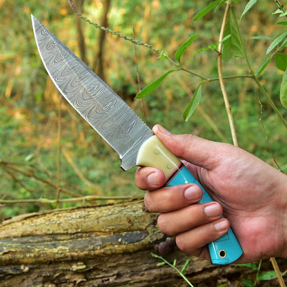 Custom 10-inch Damascus steel hunting knife with resin handle, perfect for camping, hunting, and outdoor adventures