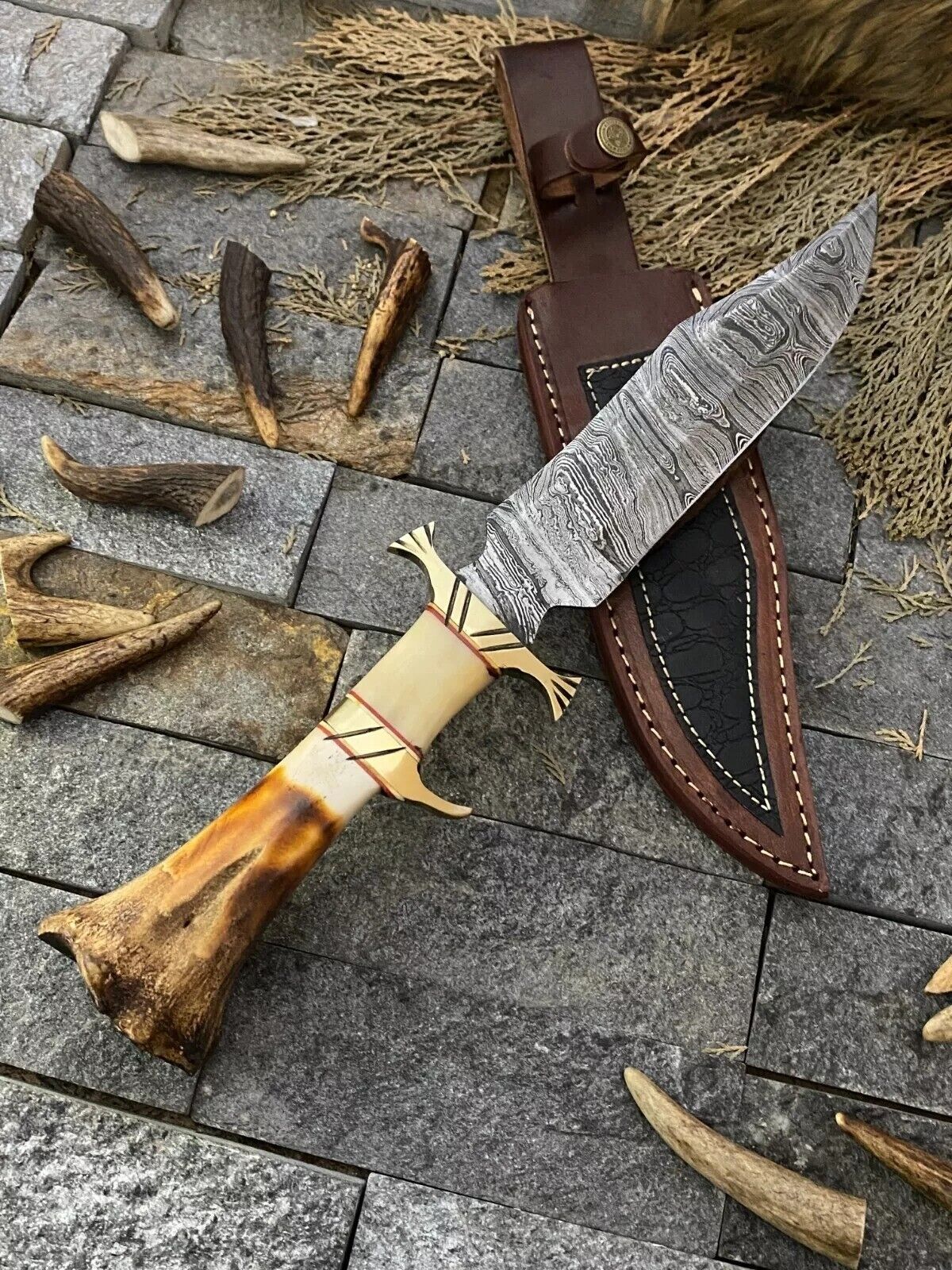"Custom 13-inch Damascus Steel Bowie Knife with bone handle, brass guard, and premium leather sheath.