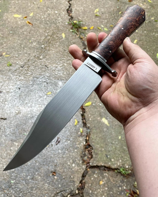 Custom 13" J2 steel Bowie knife with rosewood handle and leather sheath