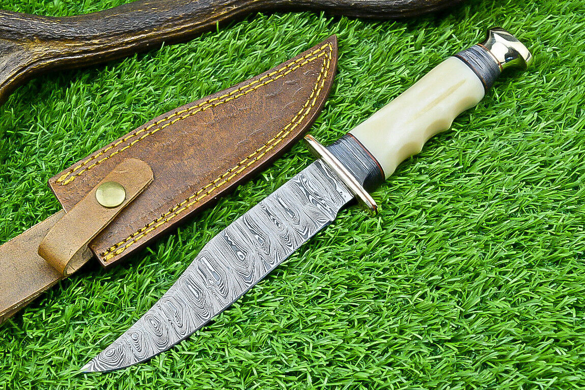 Handmade Western Boulder Colorado Knife – 11" Damascus Steel Blade with Camel Bone Handle & Leather Sheath

