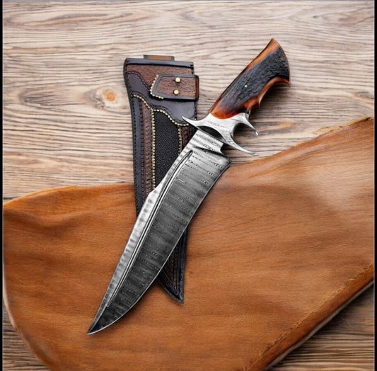 Custom Bowie Knife – 14" Damascus Steel Blade with Stag Horn Handle and Leather Sheath