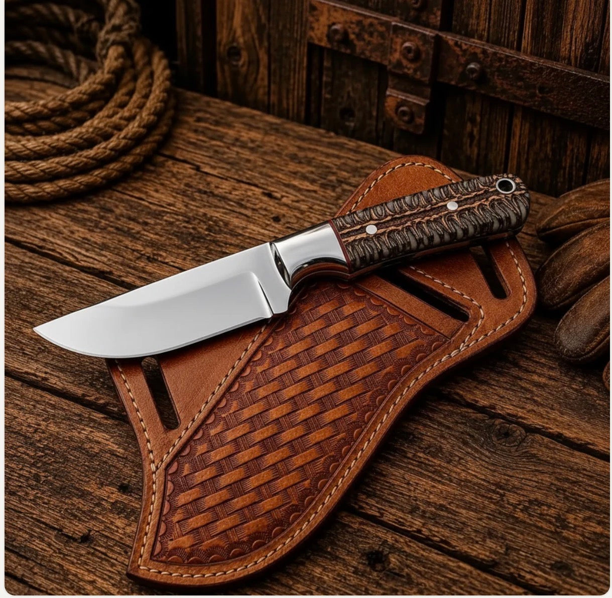 Custom Buckaroo Belt Knife with J2 steel blade, pine cone handle, steel bolster and leather sheath